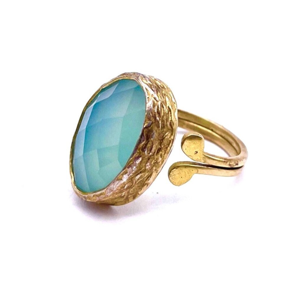 925 Sterling Silver Oval Shape Gemstone (Chalcedony?) Ring Adjustable Size 6